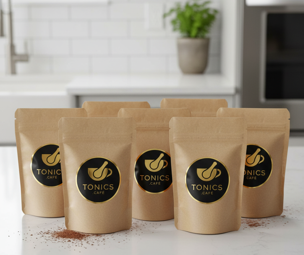 seven brown paper bags with 'Tonics Cafe' logo on a kitchen counter.
